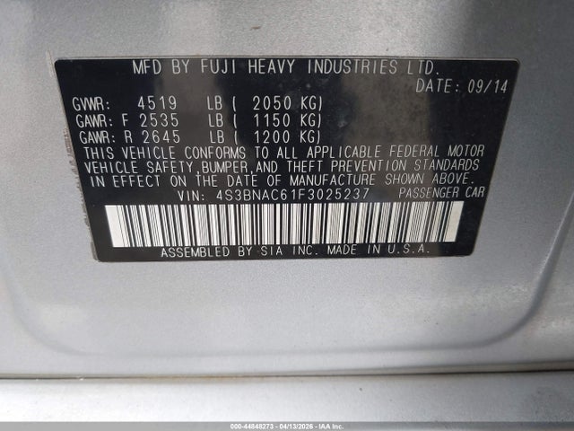 44848273 :رقم المزاد ، 4S3BNAC61F3025237 vin ، 2015 Subaru Legacy 2.5i Premium مزاد بيع