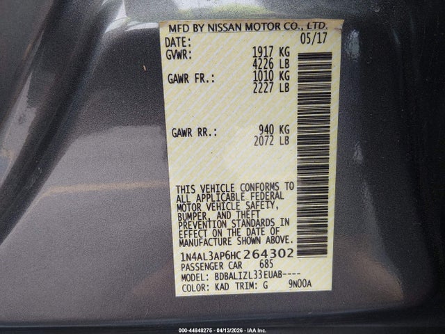 Aukcja sprzedaży 2017 Nissan Altima 2.5 Sv, vin: 1N4AL3AP6HC264302, numer aukcji: 44848275