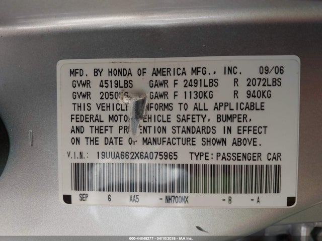 44848277 :رقم المزاد ، 19UUA662X6A075965 vin ، 2006 Acura Tl مزاد بيع