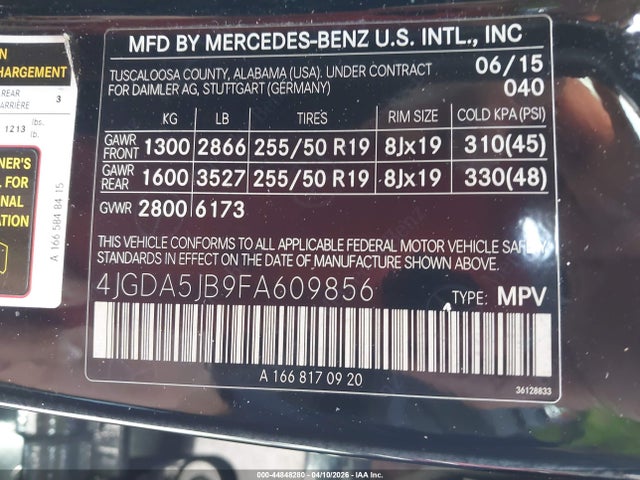 Продаж на аукціоні авто 2015 Mercedes-benz Ml 350, vin: 4JGDA5JB9FA609856, номер лоту: 44848280