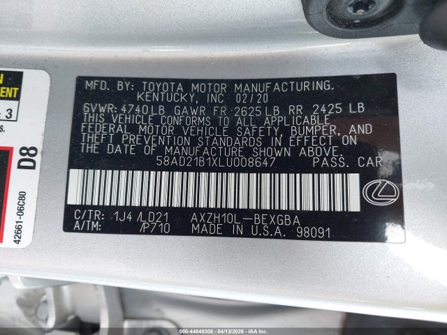 Aukcja sprzedaży 2020 Lexus Es 300h, vin: 58AD21B1XLU008647, numer aukcji: 44848308