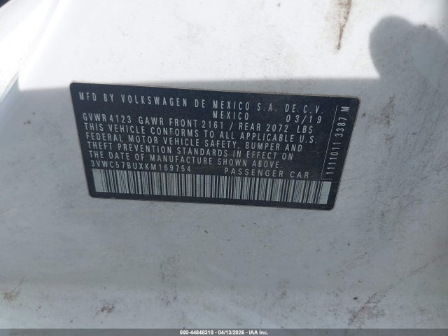 Aukcja sprzedaży 2019 Volkswagen Jetta 1.4t R-line/1.4t S/1.4t Se, vin: 3VWC57BUXKM169754, numer aukcji: 44848310
