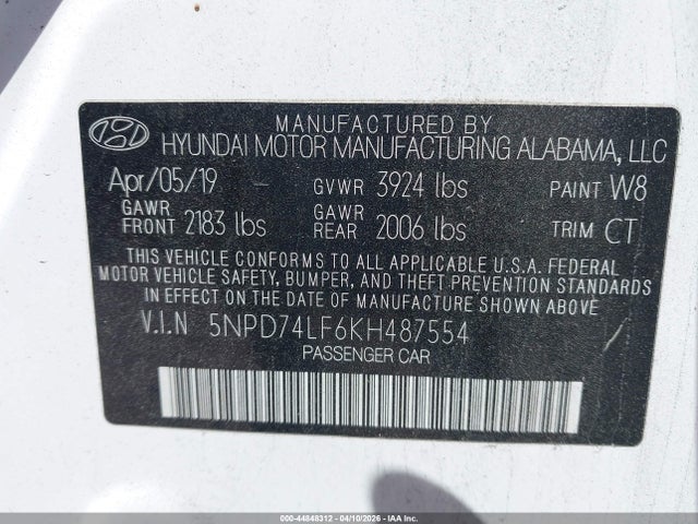 Продаж на аукціоні авто 2019 Hyundai Elantra Se, vin: 5NPD74LF6KH487554, номер лоту: 44848312