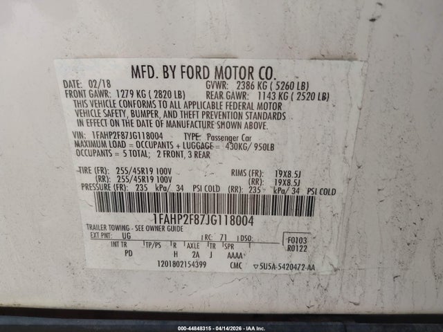 2018 Ford Taurus Limited მანქანა იყიდება აუქციონზე, vin: 1FAHP2F87JG118004, აუქციონის ნომერი: 44848315