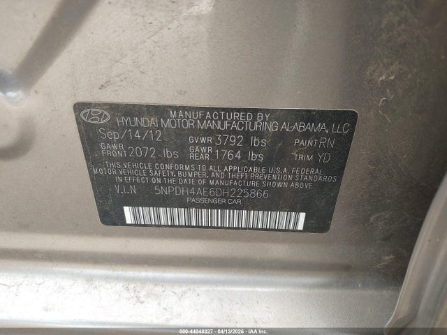 Aukcja sprzedaży 2013 Hyundai Elantra Gls/limited, vin: 5NPDH4AE6DH225866, numer aukcji: 44848327