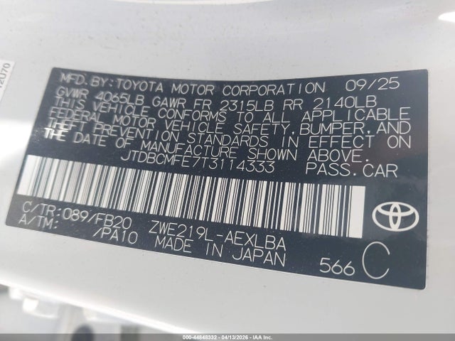 2026 Toyota Corolla Hybrid Hybrid Le მანქანა იყიდება აუქციონზე, vin: JTDBCMFE7T3114333, აუქციონის ნომერი: 44848332