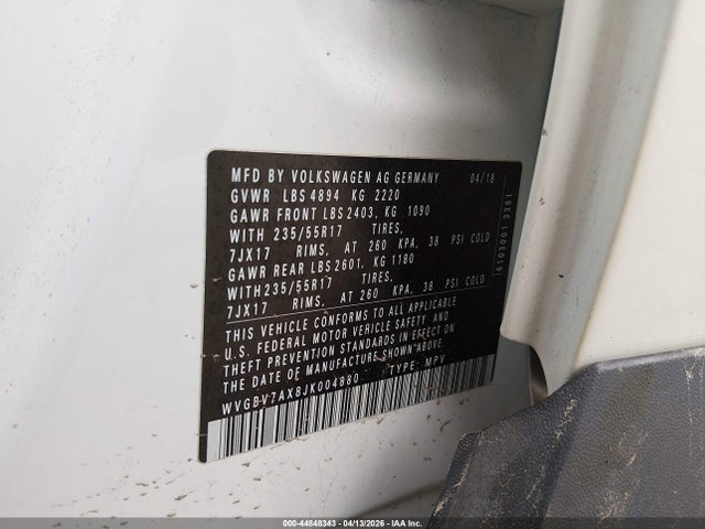 Aukcja sprzedaży 2018 Volkswagen Tiguan Limited 2.0t, vin: WVGBV7AX8JK004880, numer aukcji: 44848343