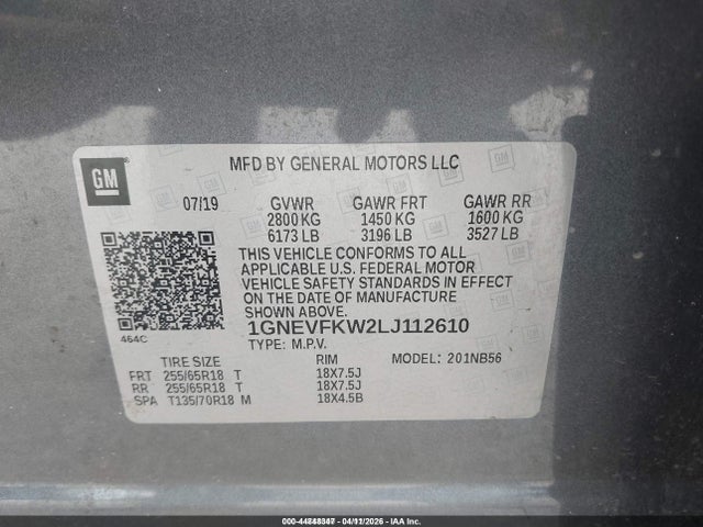 1GNEVFKW2LJ112610 Chevrolet Traverse Awd Ls