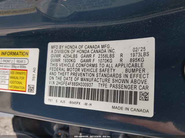 Aukcja sprzedaży 2025 Honda Civic Hybrid Sport/sport Touring, vin: 2HGFE4F88SH330937, numer aukcji: 44848358