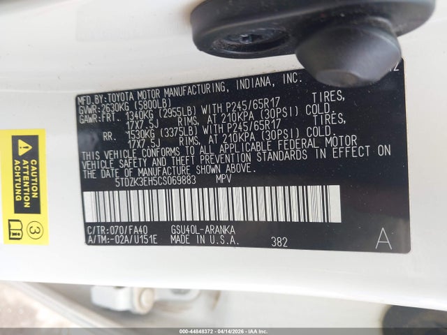 2012 Toyota Highlander Base V6 მანქანა იყიდება აუქციონზე, vin: 5TDZK3EH5CS069883, აუქციონის ნომერი: 44848372