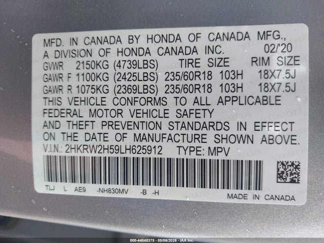 2020 Honda Cr-v Awd Ex მანქანა იყიდება აუქციონზე, vin: 2HKRW2H59LH625912, აუქციონის ნომერი: 44848375