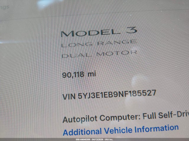Продажа на аукционе авто 2022 Tesla Model 3 Long Range Dual Motor All-wheel Drive, vin: 5YJ3E1EB9NF185527, номер лота: 44848389