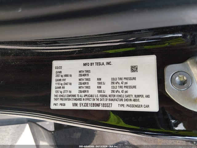 Продажа на аукционе авто 2022 Tesla Model 3 Long Range Dual Motor All-wheel Drive, vin: 5YJ3E1EB9NF185527, номер лота: 44848389