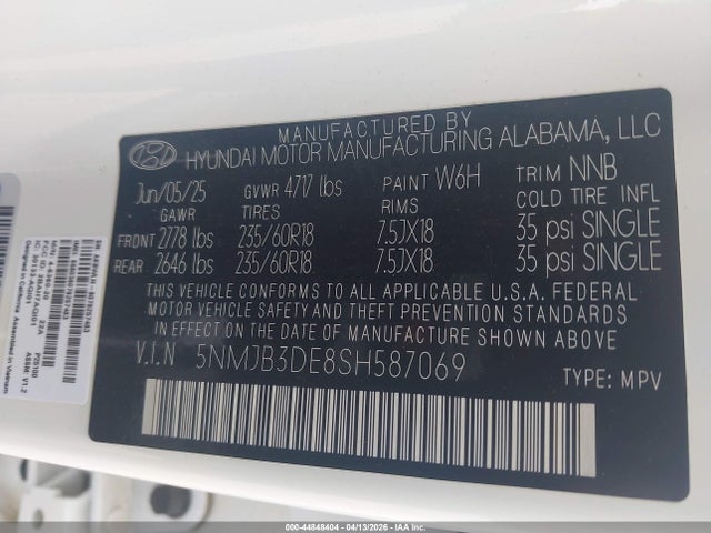 Aukcja sprzedaży 2025 Hyundai Tucson Sel, vin: 5NMJB3DE8SH587069, numer aukcji: 44848404