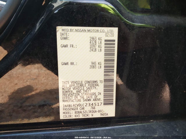 Aukcja sprzedaży 2020 Nissan Altima Sr Fwd, vin: 1N4BL4CV0LC234517, numer aukcji: 44848414