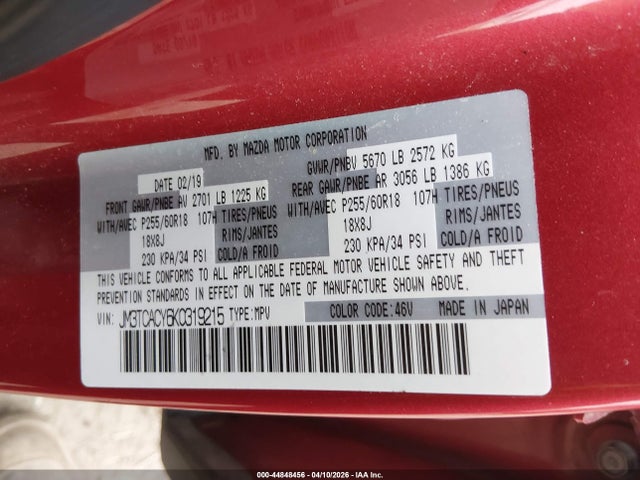 Продажа на аукционе авто 2019 Mazda Cx-9 Touring, vin: JM3TCACY6K0319215, номер лота: 44848456