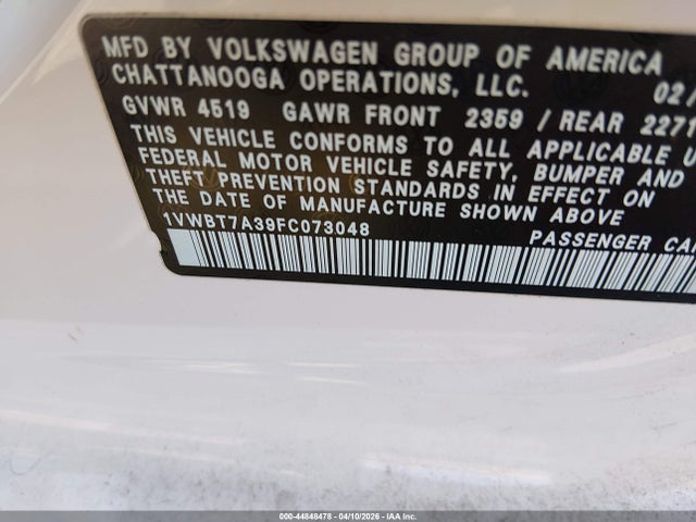2015 Volkswagen Passat 1.8t Se მანქანა იყიდება აუქციონზე, vin: 1VWBT7A39FC073048, აუქციონის ნომერი: 44848478