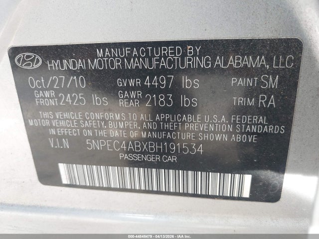 Auction sale of the 2011 Hyundai Sonata Se 2.0t, vin: 5NPEC4ABXBH191534, lot number: 44848479