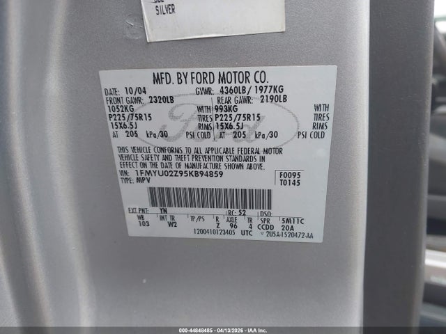 2005 Ford Escape Xls მანქანა იყიდება აუქციონზე, vin: 1FMYU02Z95KB94859, აუქციონის ნომერი: 44848485