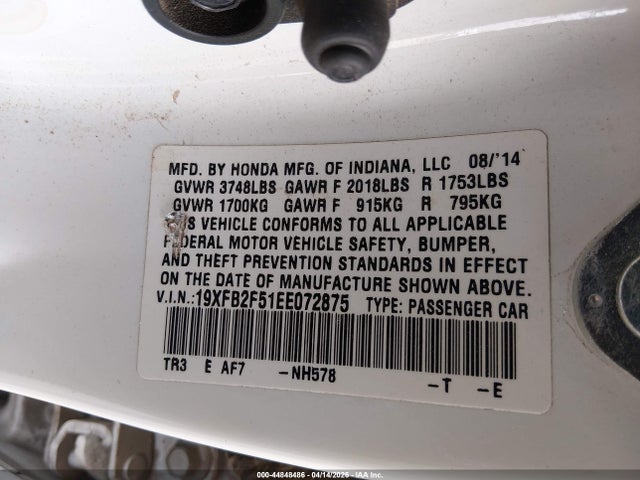 2014 Honda Civic Lx მანქანა იყიდება აუქციონზე, vin: 19XFB2F51EE072875, აუქციონის ნომერი: 44848486