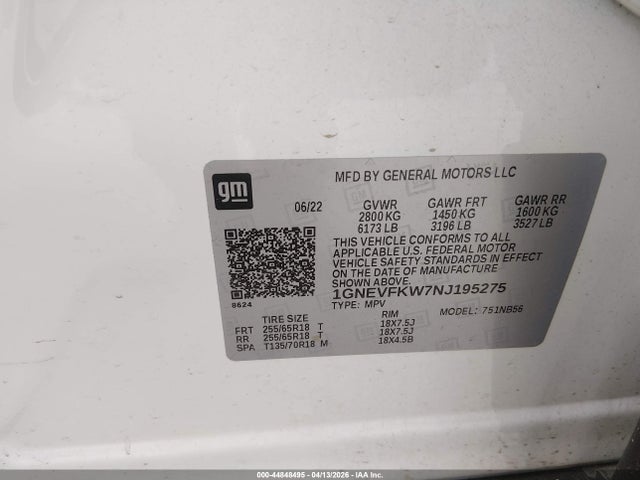 2022 Chevrolet Traverse Awd Ls მანქანა იყიდება აუქციონზე, vin: 1GNEVFKW7NJ195275, აუქციონის ნომერი: 44848495