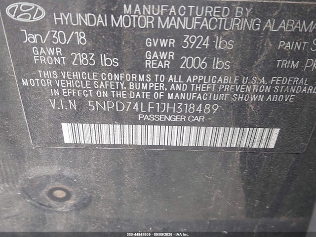 Aukcja sprzedaży 2018 Hyundai Elantra Se, vin: 5NPD74LF1JH318489, numer aukcji: 44848509
