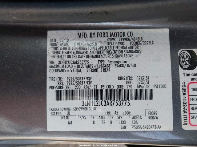 Продажа на аукционе авто 2010 Lincoln Mkz, vin: 3LNHL2JC3AR753775, номер лота: 44848515