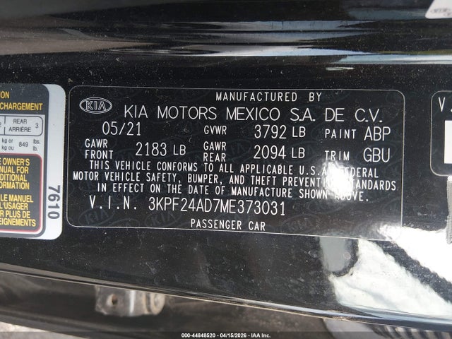 Aukcja sprzedaży 2021 Kia Forte Lxs, vin: 3KPF24AD7ME373031, numer aukcji: 44848520