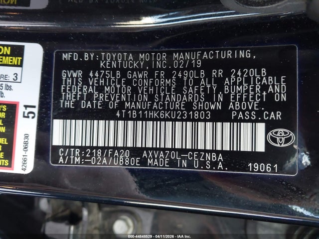 2019 Toyota Camry Le მანქანა იყიდება აუქციონზე, vin: 4T1B11HK6KU231803, აუქციონის ნომერი: 44848529