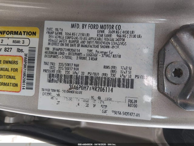 Aukcja sprzedaży 2017 Ford Fusion Se, vin: 3FA6P0H71HR206114, numer aukcji: 44848536