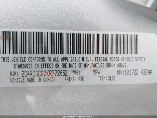 Продажа на аукционе авто 2019 Dodge Grand Caravan Sxt, vin: 2C4RDGCG0KR772052, номер лота: 44848537