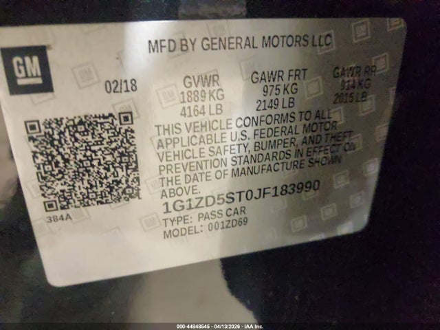 Продаж на аукціоні авто 2018 Chevrolet Malibu Lt, vin: 1G1ZD5ST0JF183990, номер лоту: 44848545