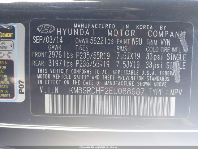 44848557 :رقم المزاد ، KM8SRDHF2EU088687 vin ، 2014 Hyundai Santa Fe Limited مزاد بيع