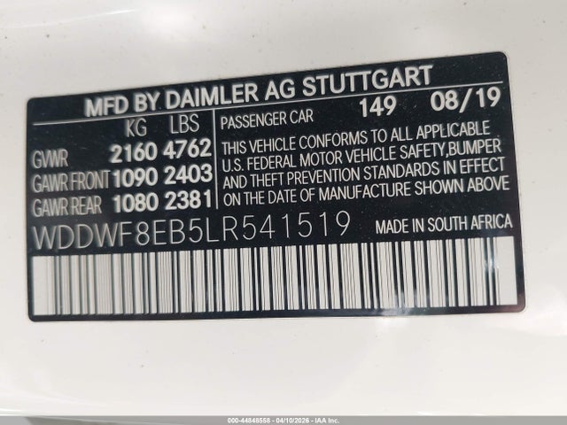 2020 Mercedes-benz C 300 4matic მანქანა იყიდება აუქციონზე, vin: WDDWF8EB5LR541519, აუქციონის ნომერი: 44848558