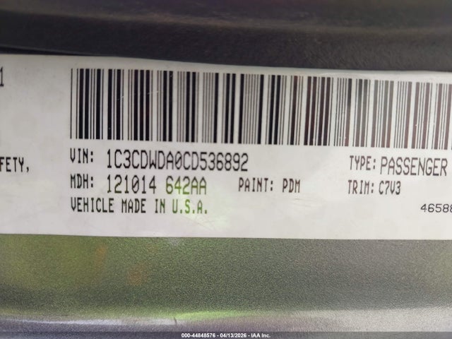 44848576 :رقم المزاد ، 1C3CDWDA0CD536892 vin ، 2012 Dodge Caliber Sxt مزاد بيع