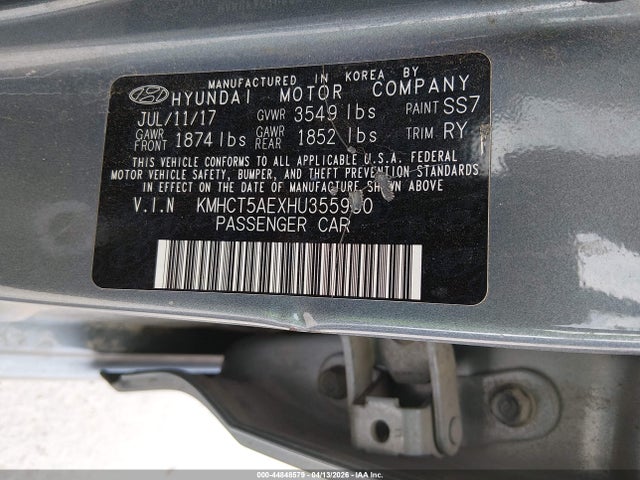 2017 Hyundai Accent Se მანქანა იყიდება აუქციონზე, vin: KMHCT5AEXHU355950, აუქციონის ნომერი: 44848579