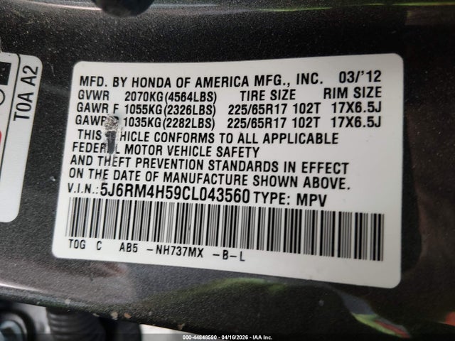 Продаж на аукціоні авто 2012 Honda Cr-v Ex, vin: 5J6RM4H59CL043560, номер лоту: 44848590
