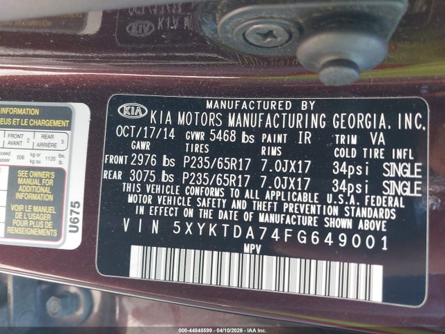 2015 Kia Sorento Lx V6 მანქანა იყიდება აუქციონზე, vin: 5XYKTDA74FG649001, აუქციონის ნომერი: 44848599