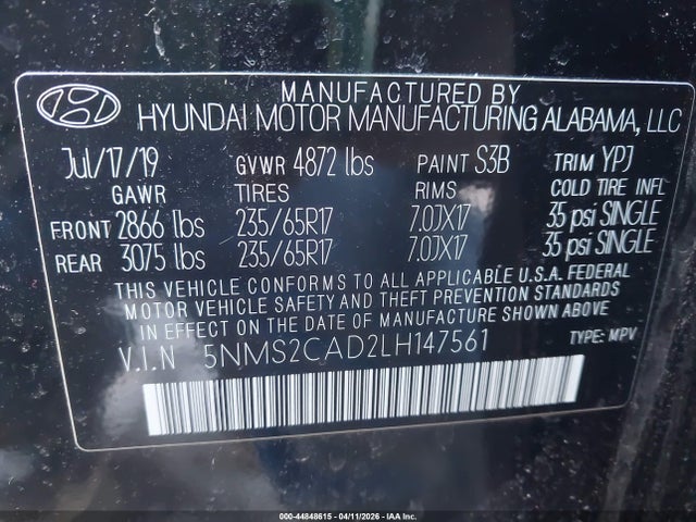 Aukcja sprzedaży 2020 Hyundai Santa Fe Se, vin: 5NMS2CAD2LH147561, numer aukcji: 44848615