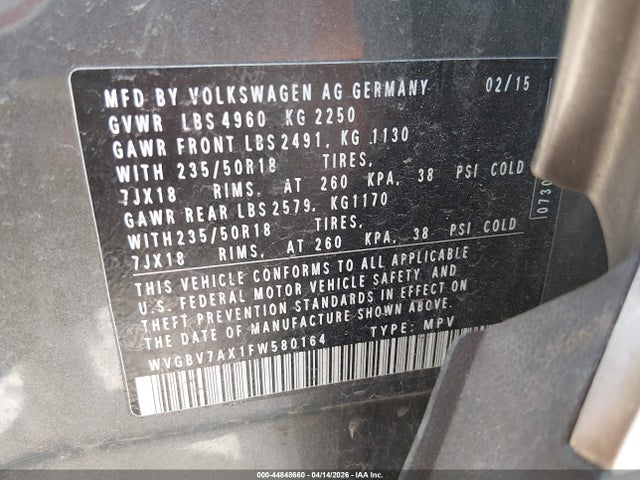 44848660 :رقم المزاد ، WVGBV7AX1FW580164 vin ، 2015 Volkswagen Tiguan Se مزاد بيع