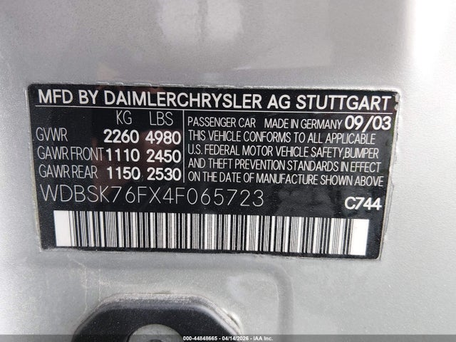 2004 Mercedes-benz Sl 600 მანქანა იყიდება აუქციონზე, vin: WDBSK76FX4F065723, აუქციონის ნომერი: 44848665
