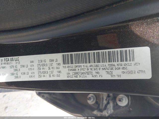44848670 :رقم المزاد ، 1C6RREFGXKN792721 vin ، 2019 Ram 1500 Big Horn/lone Star  4x2 5'7 Box مزاد بيع