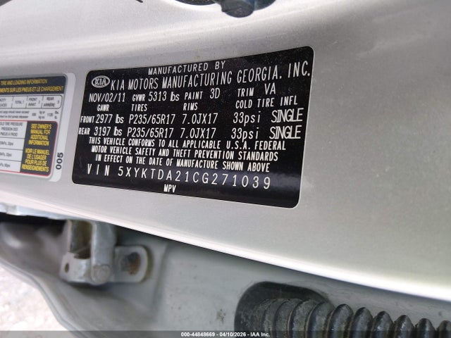 Продажа на аукционе авто 2012 Kia Sorento Lx V6, vin: 5XYKTDA21CG271039, номер лота: 44848669