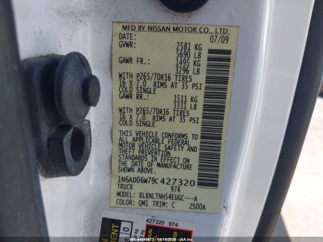 2009 Nissan Frontier Se მანქანა იყიდება აუქციონზე, vin: 1N6AD06W79C427320, აუქციონის ნომერი: 44848672