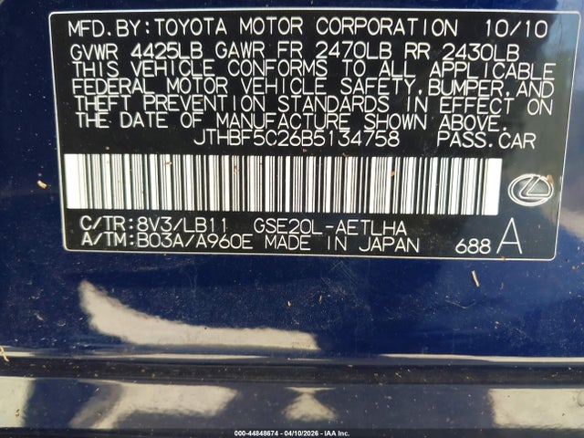 44848674 :رقم المزاد ، JTHBF5C26B5134758 vin ، 2011 Lexus Is 250 مزاد بيع