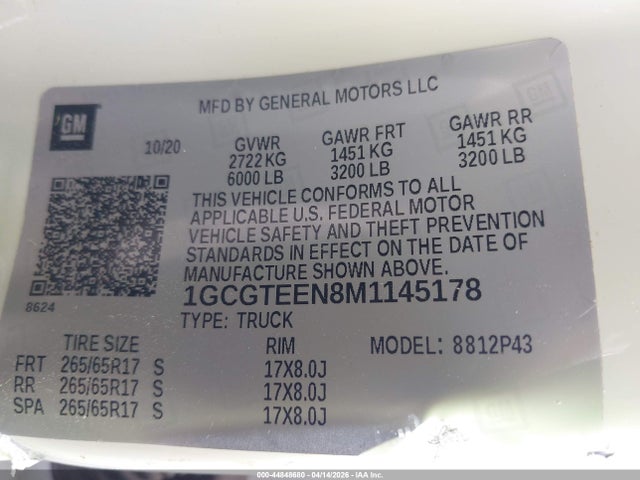 Aukcja sprzedaży 2021 Chevrolet Colorado 4wd  Short Box Zr2, vin: 1GCGTEEN8M1145178, numer aukcji: 44848680