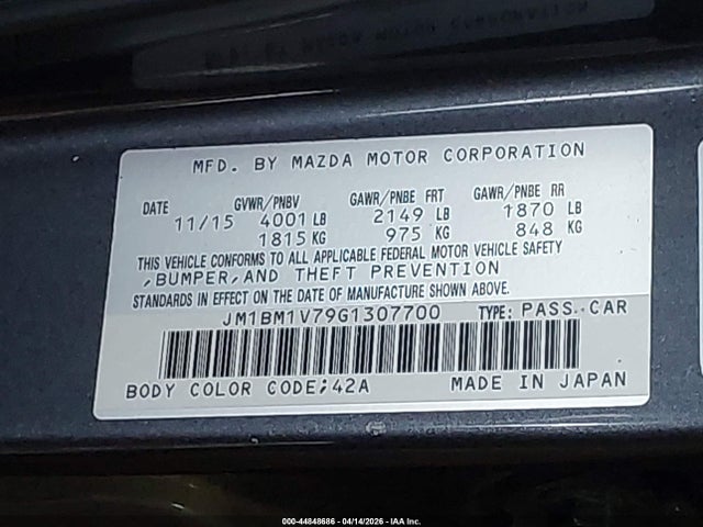 44848686 :رقم المزاد ، JM1BM1V79G1307700 vin ، 2016 Mazda Mazda3 I Touring مزاد بيع