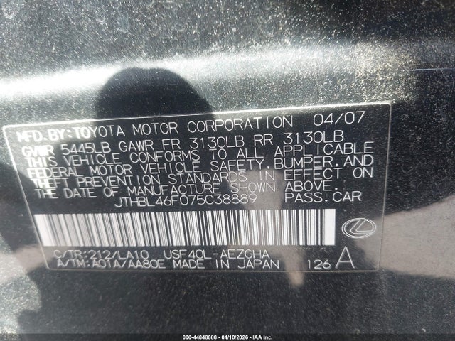 Aukcja sprzedaży 2007 Lexus Ls 460, vin: JTHBL46F075038889, numer aukcji: 44848688