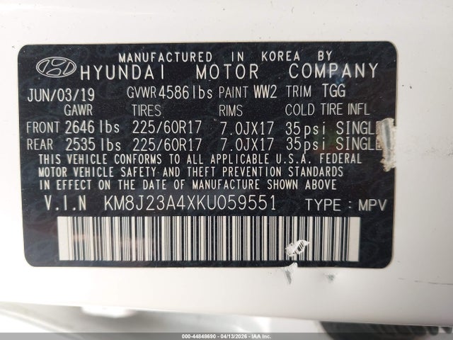 Aukcja sprzedaży 2019 Hyundai Tucson Se, vin: KM8J23A4XKU059551, numer aukcji: 44848690