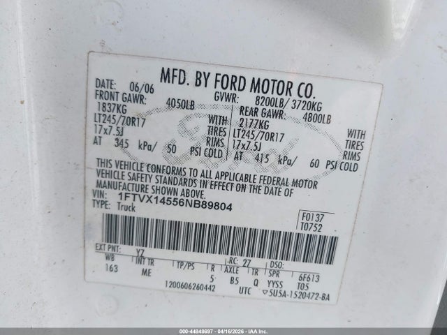 Aukcja sprzedaży 2006 Ford F-150, vin: 1FTVX14556NB89804, numer aukcji: 44848697